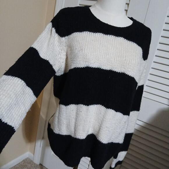 LOFT Large Crew Neck Tunic Sweater Black/White WIDE Striped Cotton/Wool/Acrylic - Picture 1 of 12